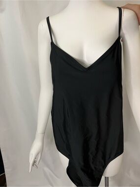 aerie Black V-Neck Satin Cami Bodysuit with Spaghetti Straps